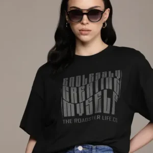 Women Printed Round Neck Cotton Blend Black T-Shirt