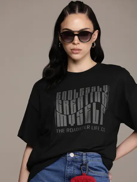 Women Printed Round Neck Cotton Blend Black T-Shirt