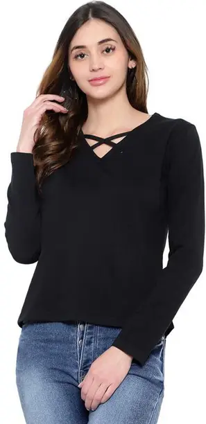 Women Solid V Neck Cotton Blend Black T-Shirt