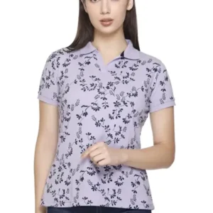 Women Printed Polo Neck Cotton Blend Purple T-Shirt