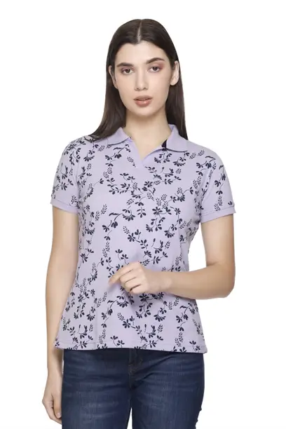 Women Printed Polo Neck Cotton Blend Purple T-Shirt