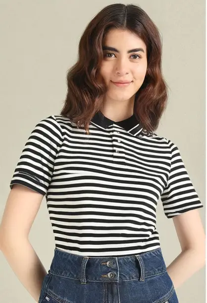 Women Striped Polo Neck Cotton Blend Black T-Shirt